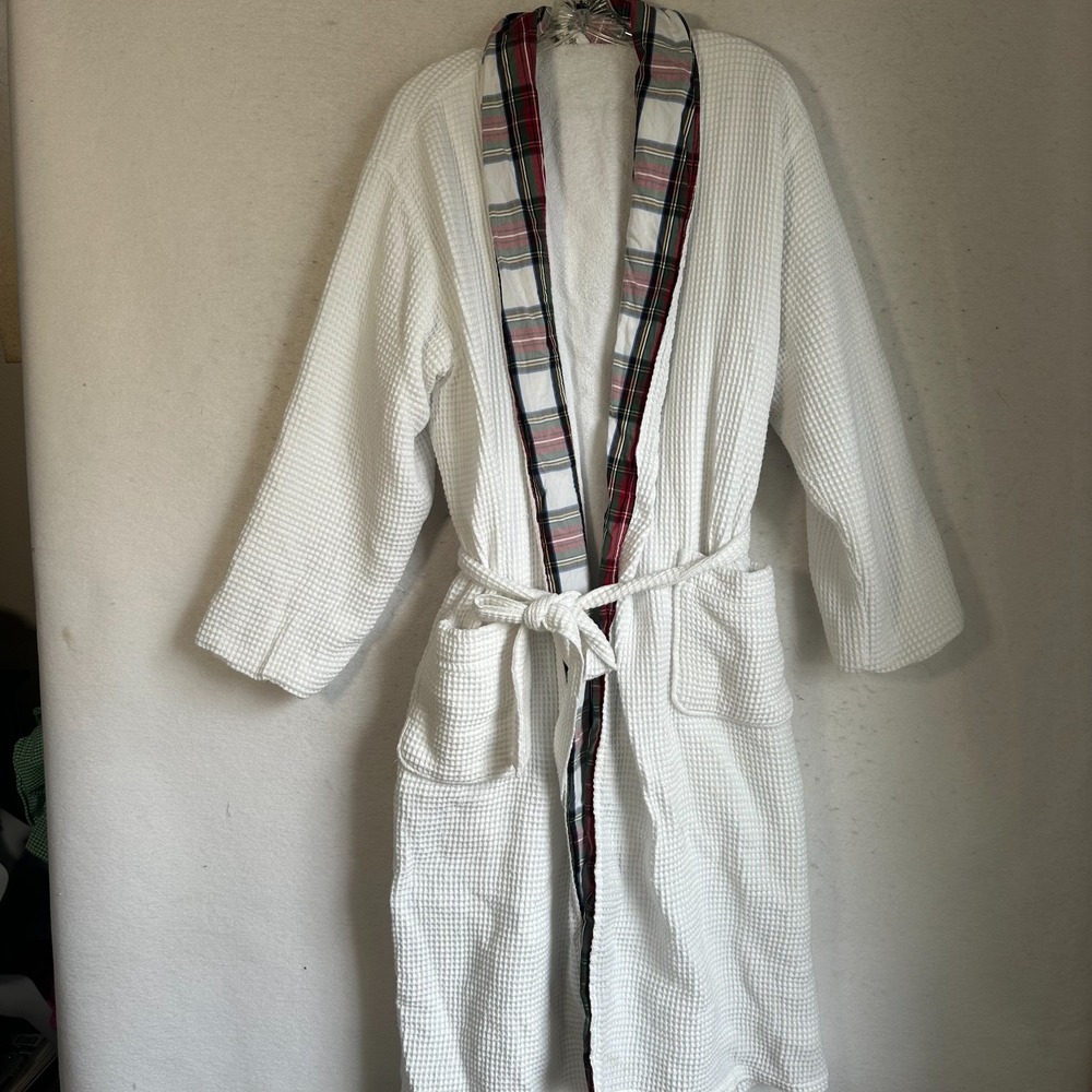 Pottery Barn Waffle Weave Resort Stewart Plaid trim Robe sz  Large cotton